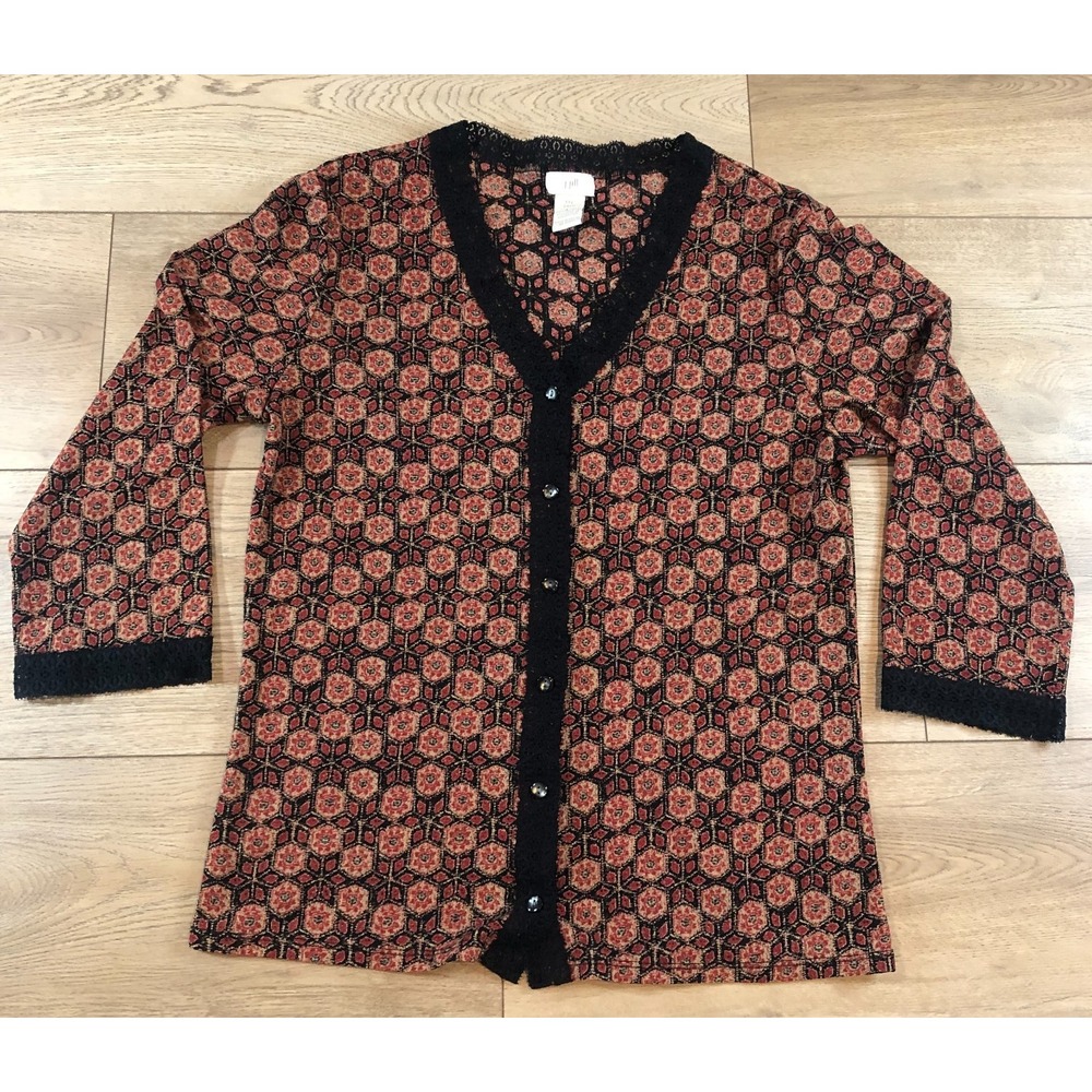 J Jill Womens Button Up Cardigan Top M Tall Geometric Artsy 3/4 Sleeve Lace Trim